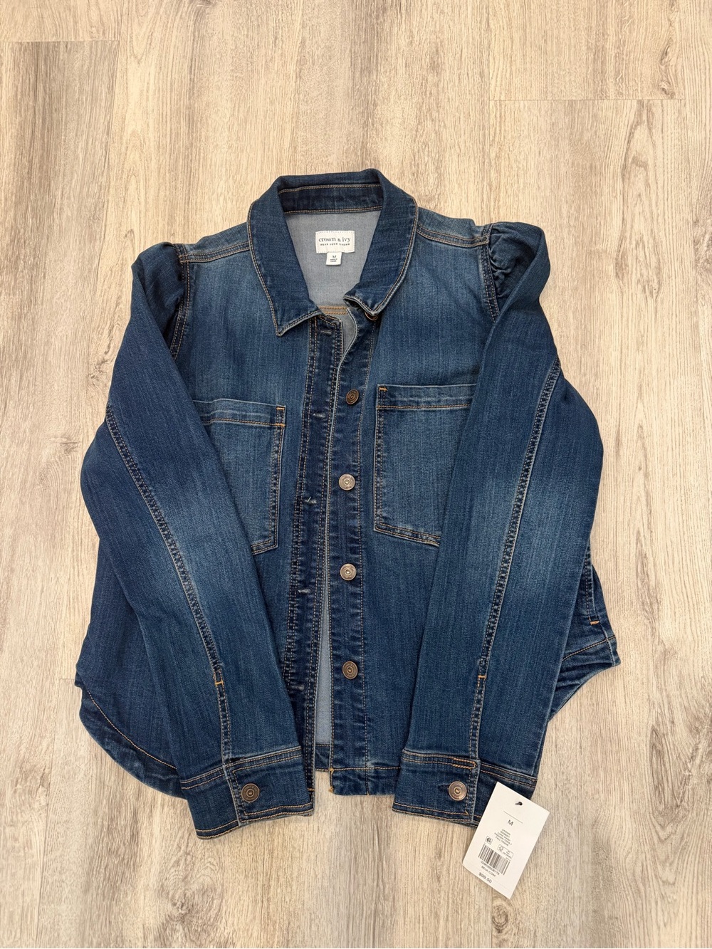 Crown & Ivy Medium Denim Puff Sleeve Button Front Jacket NWT